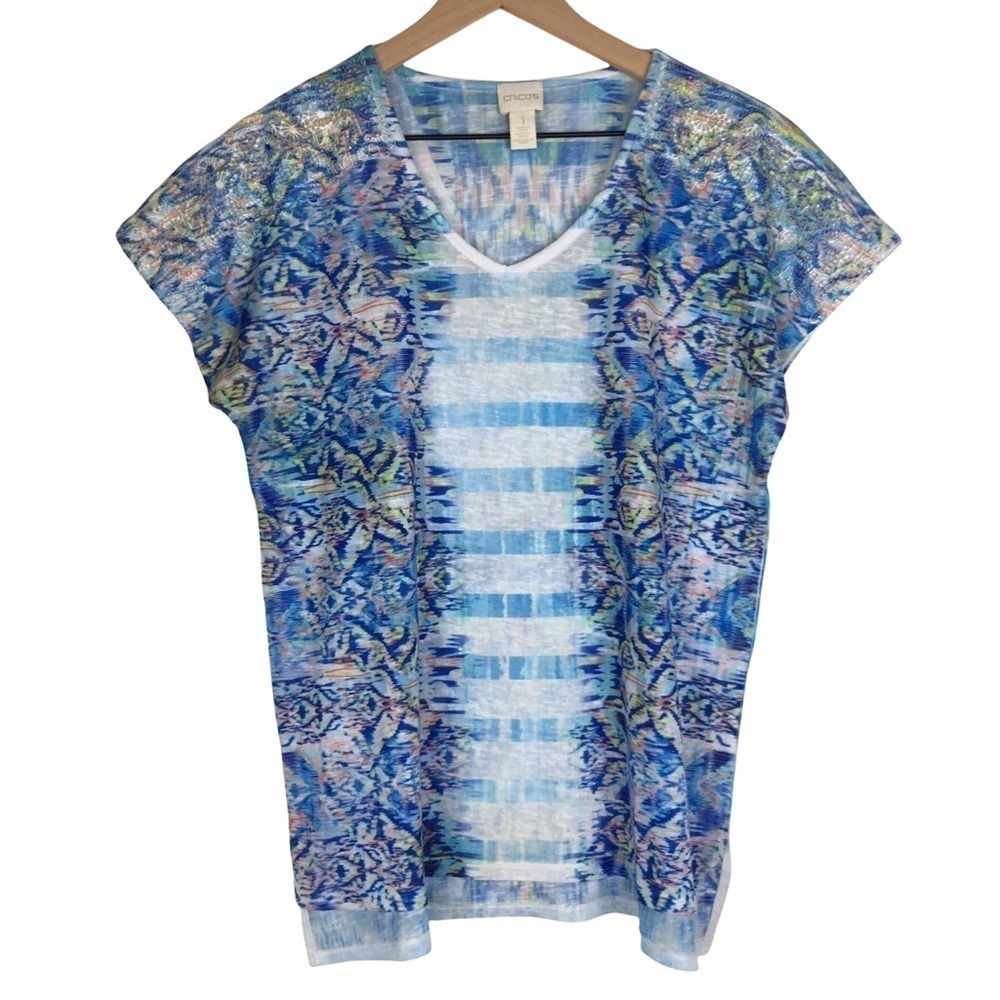 CHICO’S Top Short Cap Sleeve Lace Tie Dye Ikat Kaleidoscope Stripe Size 1 Medium
